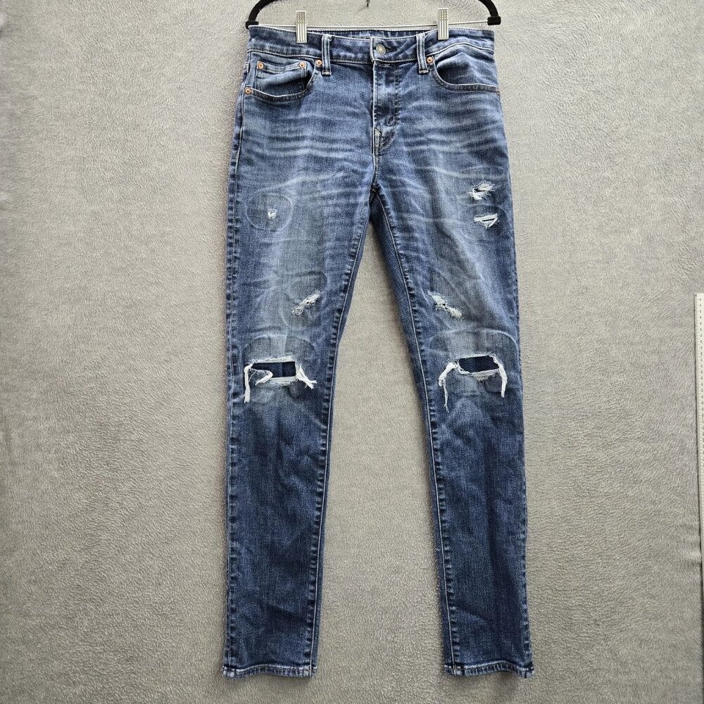 American Eagle Outfitters Men's Blue Denim Slim Fit Ripped Jeans